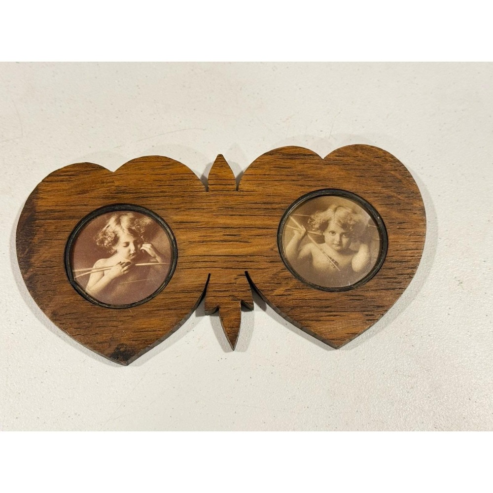 VTG Double Wood Heart Picture Frame Cupid Awake Cupid Asleep Wall Hanging
